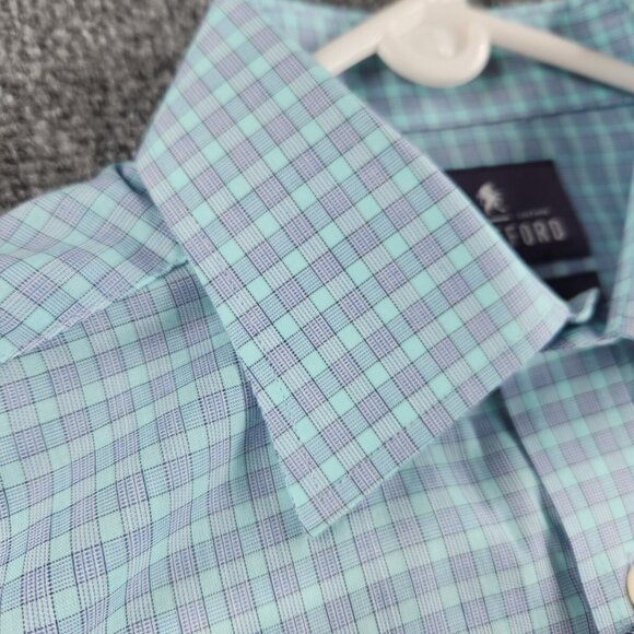 NWT Stafford Travel Button Up Shirt Green Blue Check 14.5 32/33 Regular Woven - Picture 9 of 16